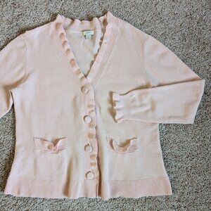 Vintage J. Jill Cardigan Womens XS Pink Cotton Stretch Knit V Neck Ruffle Femi